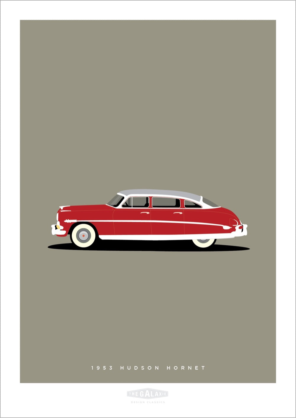 HUDSON HORNET 1953 Red - The aHand drawn print showing a red 1953 Hudson Hornet on a grey background.Galaxie Design Classics