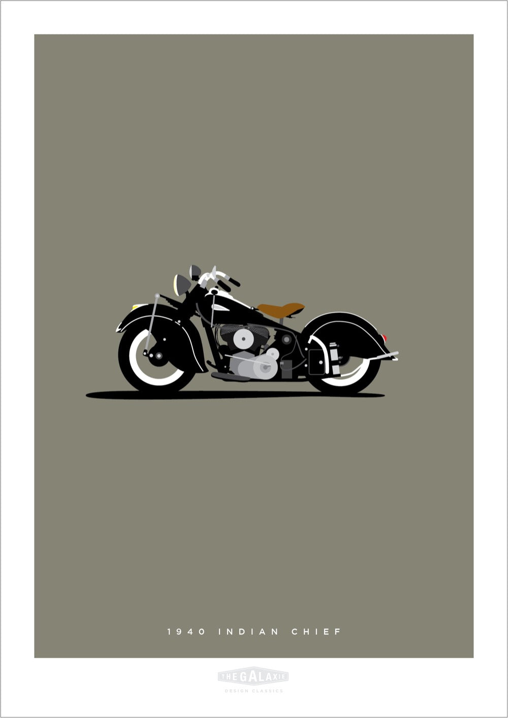 Hand drawn print of a black 1940 Indian Chief on a grey background.