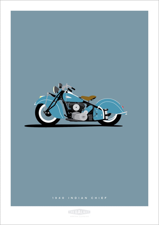 Hand drawn print of a blue 1940 Indian Chief on a blue grey background.