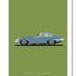 Hand drawn print of a blue 1961 Jaguar E-Type Coupe on a green background.
