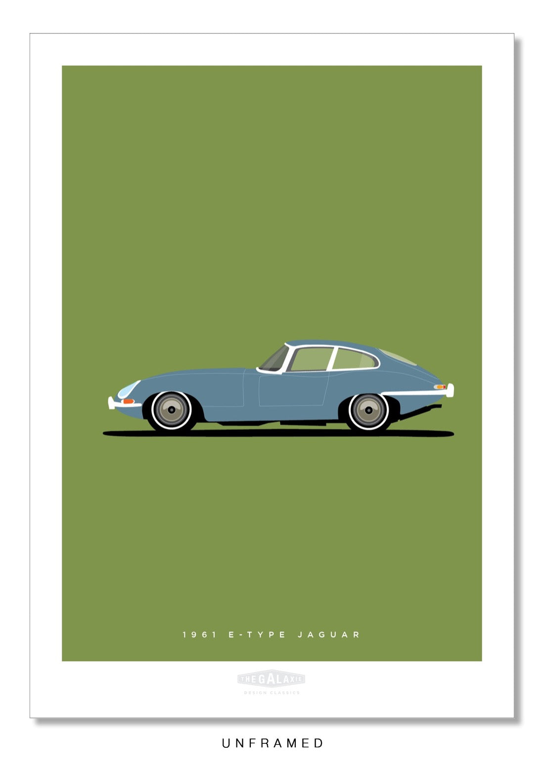 Hand drawn print of a blue 1961 Jaguar E-Type Coupe on a green background.