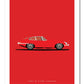 Hand drawn print of a red 1961 Jaguar E-Type Coupe on a red background.