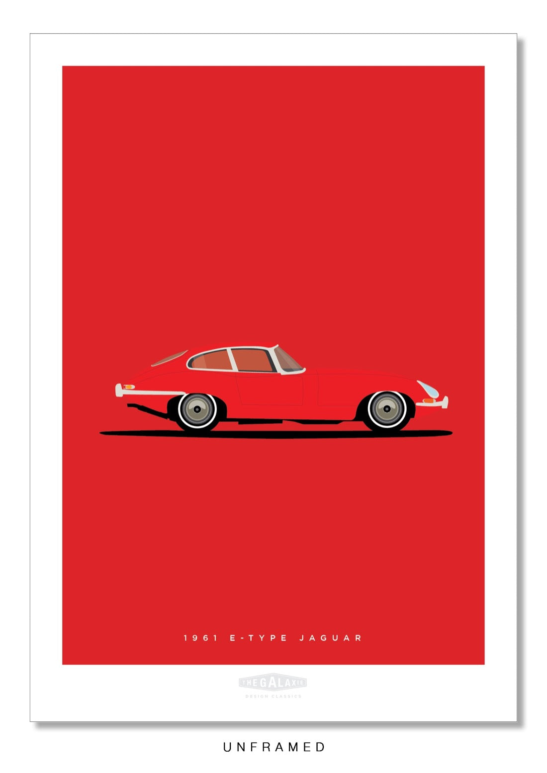 Hand drawn print of a red 1961 Jaguar E-Type Coupe on a red background.