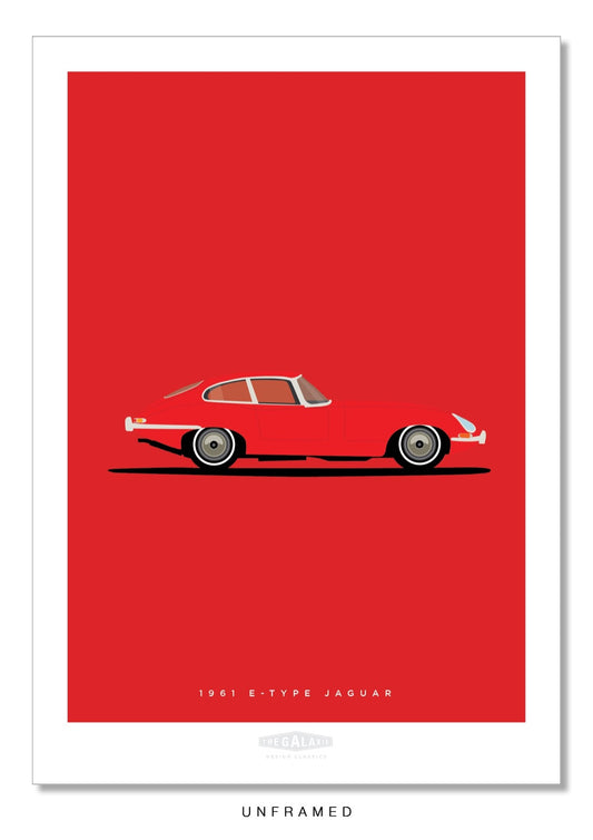Hand drawn print of a red 1961 Jaguar E-Type Coupe on a red background.