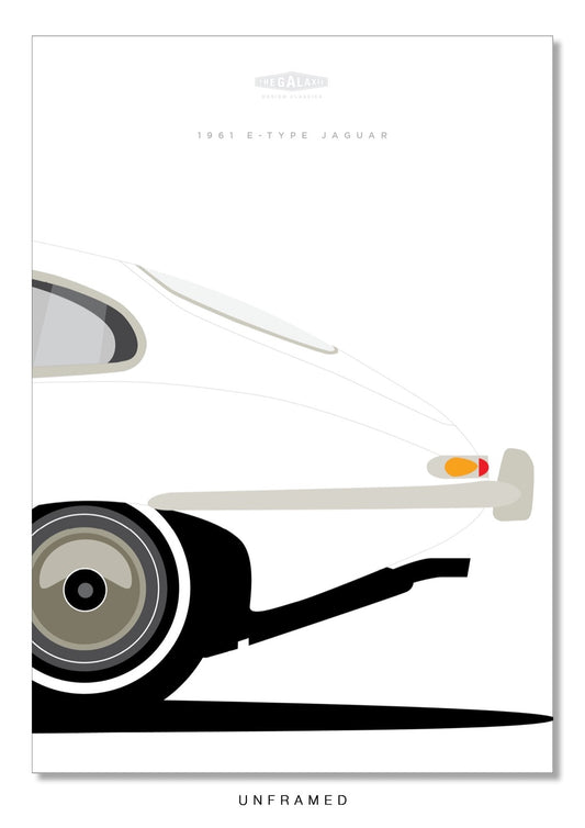 Hand drawn poster of the rear end of a white 1961 Jaguar E-Type Coupe on a white background.