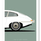 Hand drawn poster of the rear end of a white 1961 Jaguar E-Type Coupe on a green background.