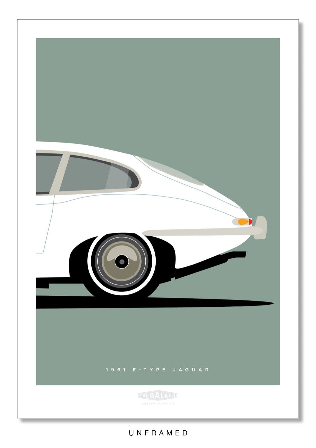 Hand drawn poster of the rear end of a white 1961 Jaguar E-Type Coupe on a green background.