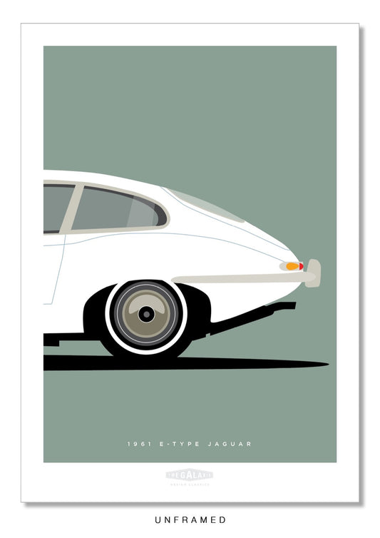 Hand drawn poster of the rear end of a white 1961 Jaguar E-Type Coupe on a green background.