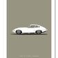 Hand drawn poster of a white 1961 Jaguar E-Type Coupe on a grey background.
