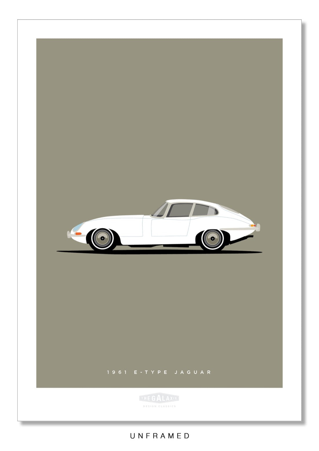 Hand drawn poster of a white 1961 Jaguar E-Type Coupe on a grey background.