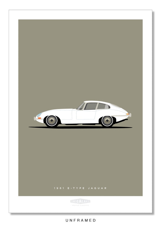 Hand drawn poster of a white 1961 Jaguar E-Type Coupe on a grey background.