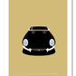 Hand drawn print of a black 1962 Jaguar E Type Roadster on a gold background.
