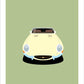 Hand drawn print of a cream 1962 Jaguar E Type Roadster on a green background.