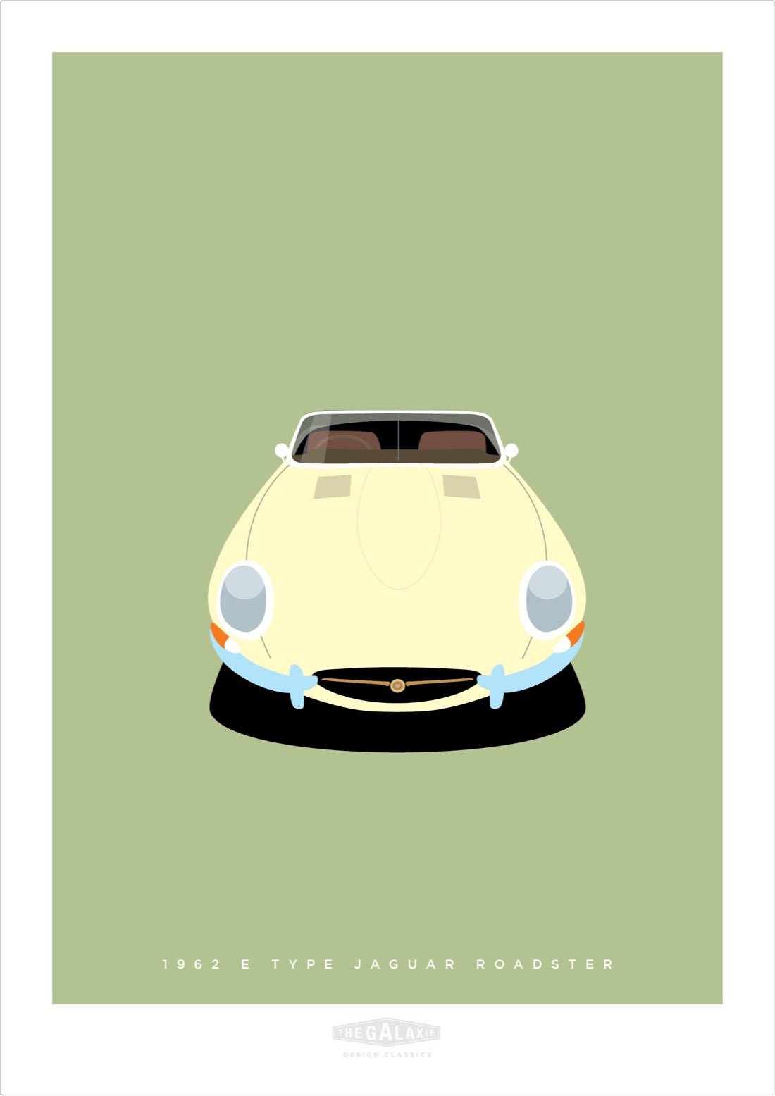 Hand drawn print of a cream 1962 Jaguar E Type Roadster on a green background.