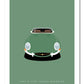 Hand drawn poster of a green 1962 Jaguar E Type Roadster on a green background.