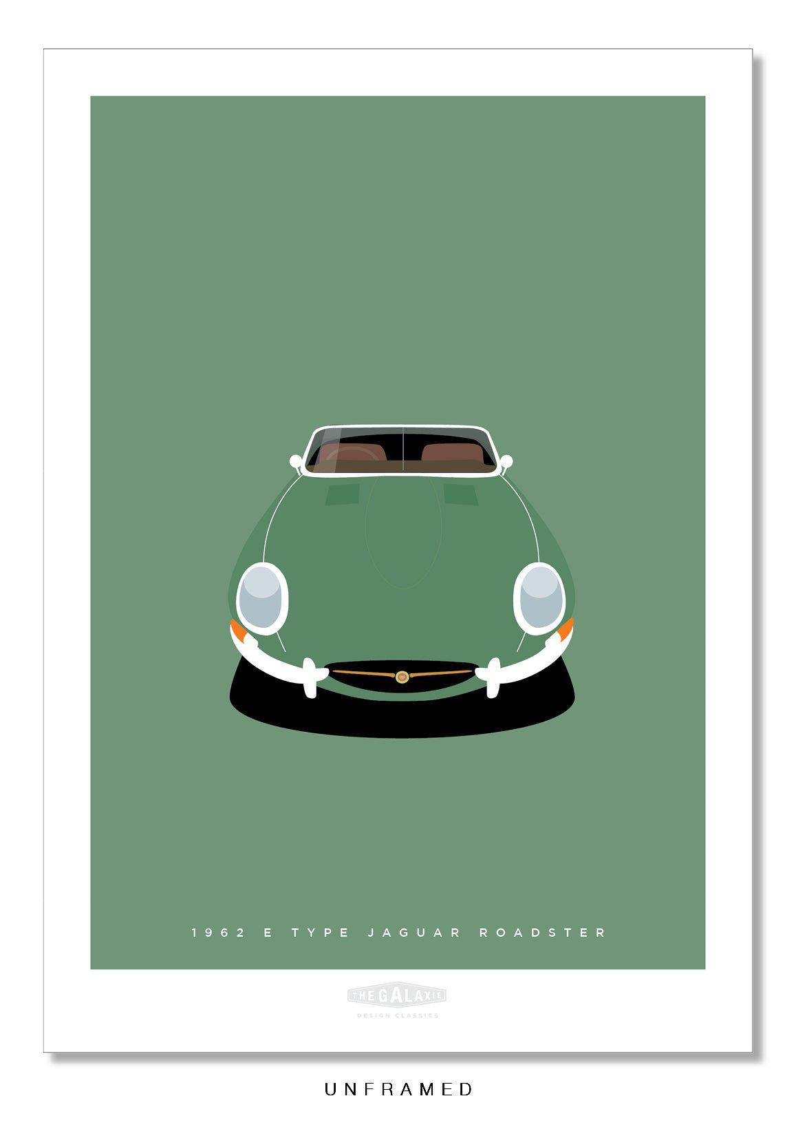 Hand drawn poster of a green 1962 Jaguar E Type Roadster on a green background.
