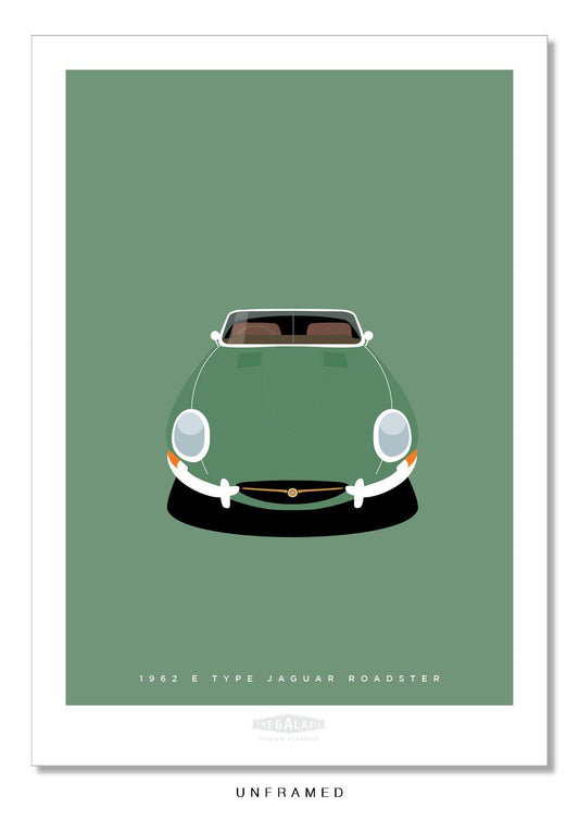 Hand drawn poster of a green 1962 Jaguar E Type Roadster on a green background.