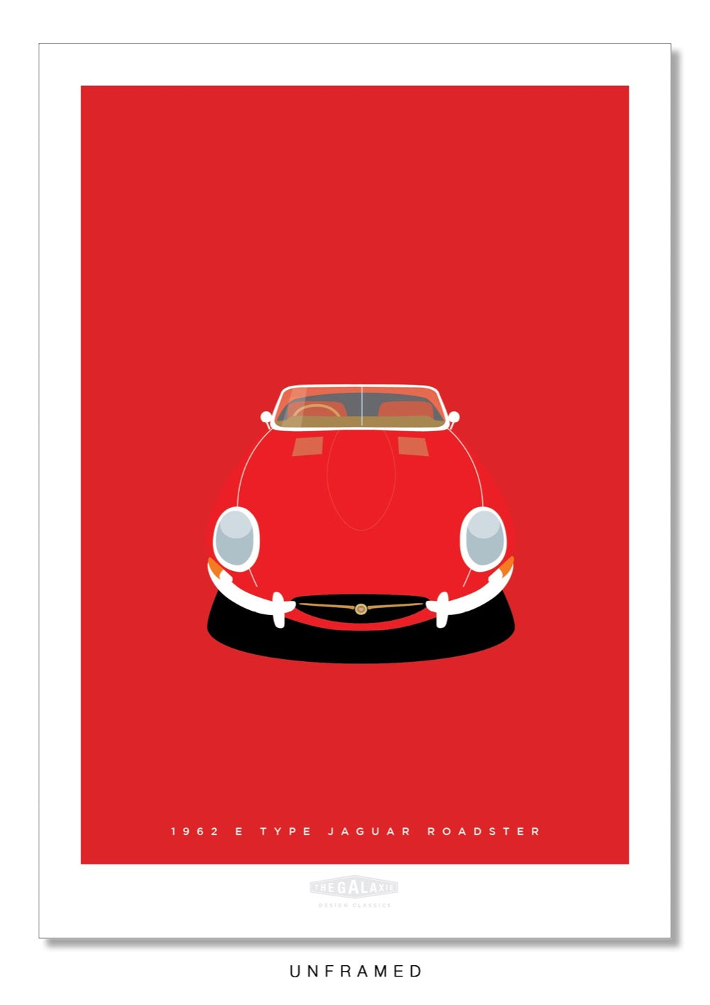 Hand drawn print of a red 1962 Jaguar E Type Roadster on a red background.