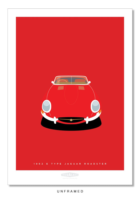 Hand drawn print of a red 1962 Jaguar E Type Roadster on a red background.