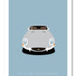 Hand drawn print of a silver 1962 Jaguar E Type Roadster on a blue background.