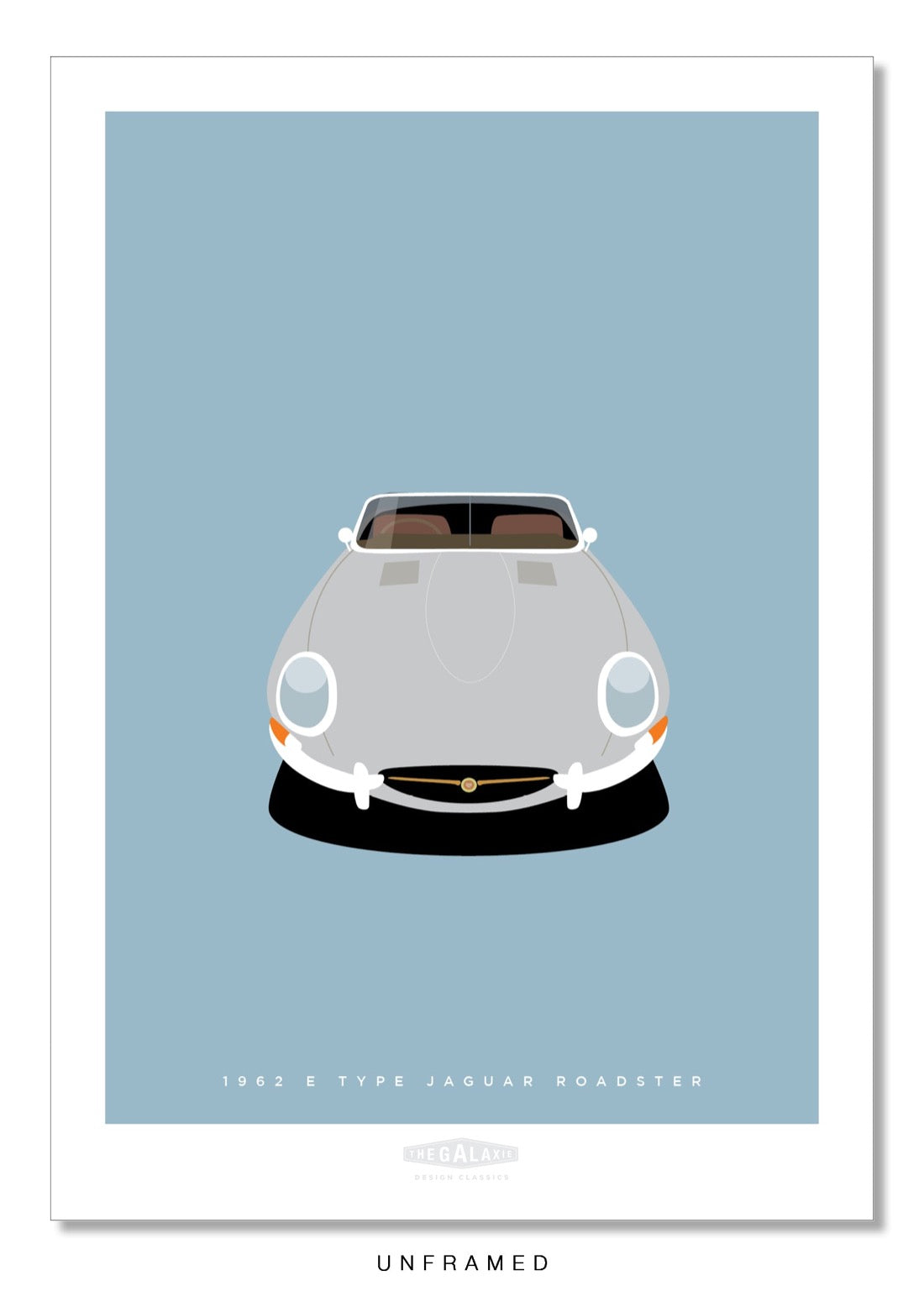 Hand drawn print of a silver 1962 Jaguar E Type Roadster on a blue background.