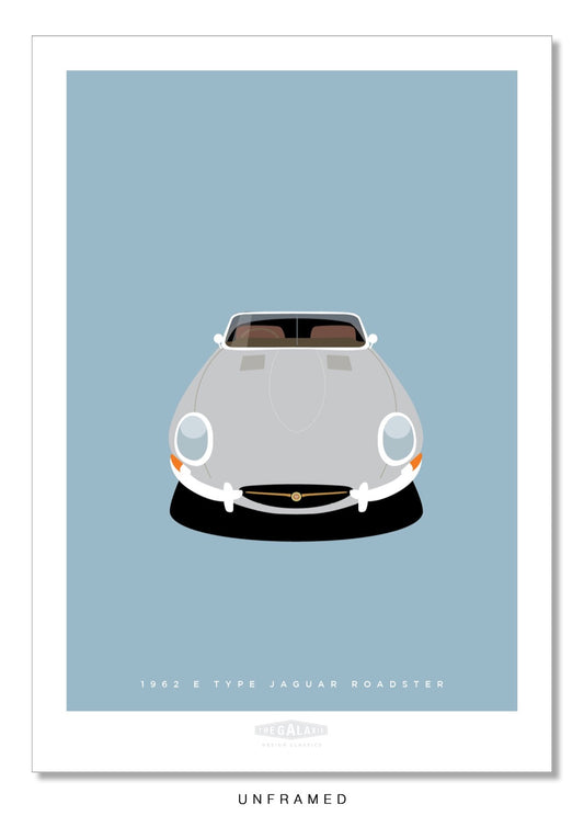 Hand drawn print of a silver 1962 Jaguar E Type Roadster on a blue background.