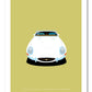 Hand drawn print of a white 1962 Jaguar E Type Roadster on a gold background.