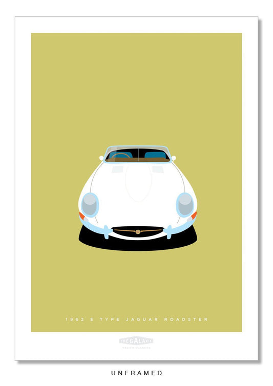 Hand drawn print of a white 1962 Jaguar E Type Roadster on a gold background.