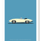 Hand drawn poster of the rear end of a cream 1970 Jaguar E-Type Roadster on a blue background.