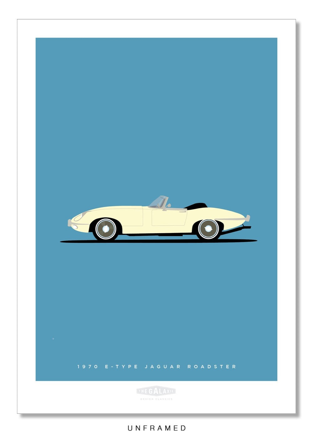 Hand drawn poster of the rear end of a cream 1970 Jaguar E-Type Roadster on a blue background.