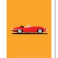 Hand drawn poster of the rear end of a red 1970 Jaguar E-Type Roadster on a yellow background.