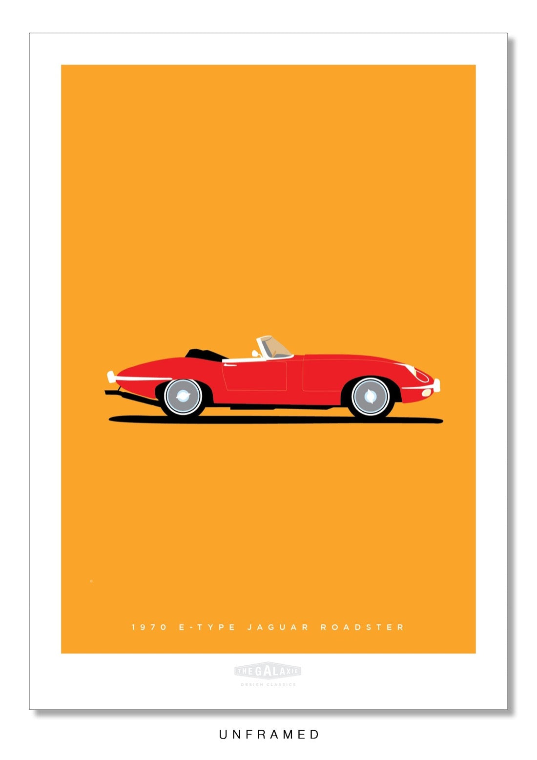 Hand drawn poster of the rear end of a red 1970 Jaguar E-Type Roadster on a yellow background.