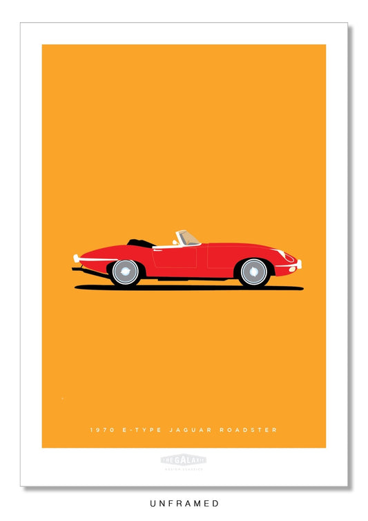 Hand drawn poster of the rear end of a red 1970 Jaguar E-Type Roadster on a yellow background.