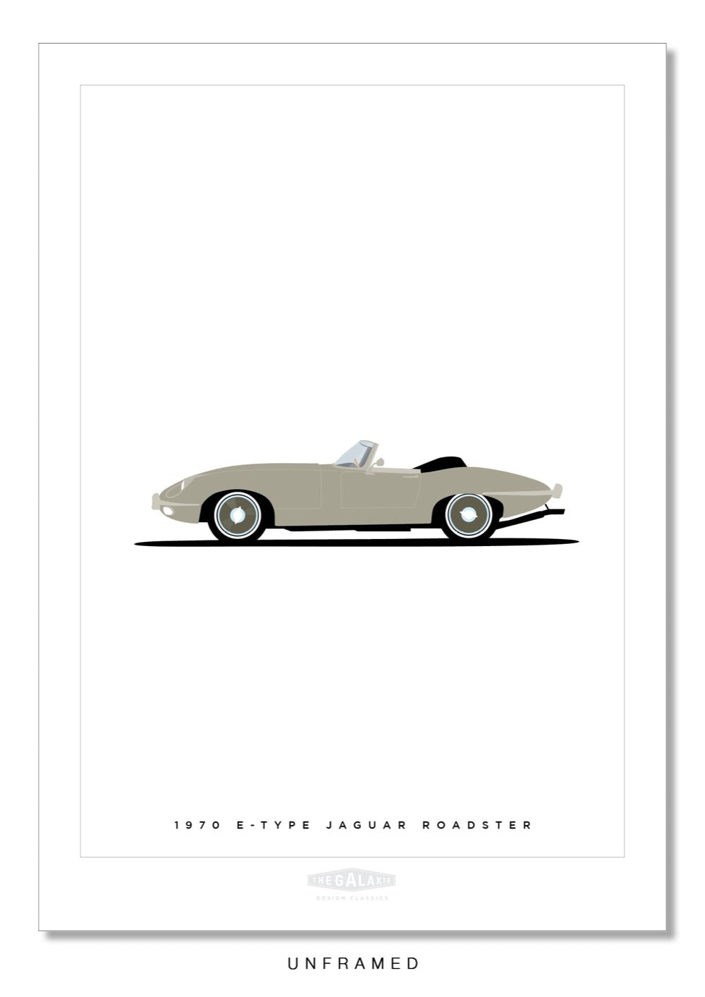 Hand drawn poster of the rear end of a silver 1970 Jaguar E-Type Roadster on a white background.