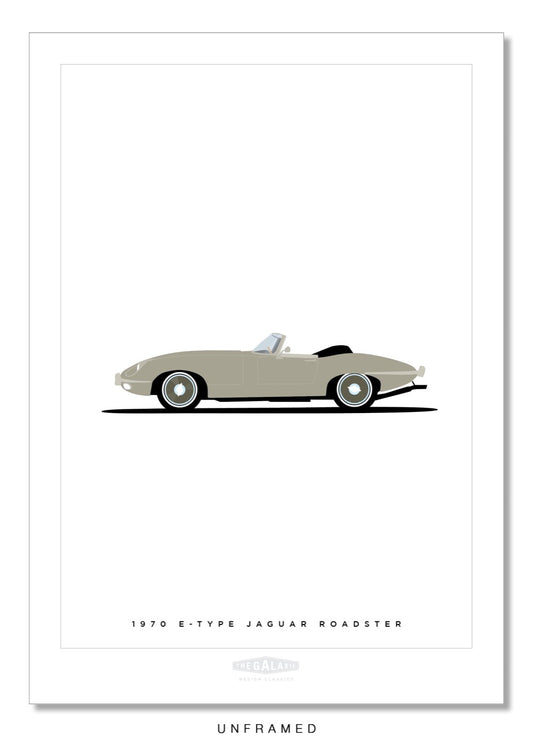Hand drawn poster of the rear end of a silver 1970 Jaguar E-Type Roadster on a white background.