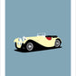 Hand drawn poster of a cream 1937 Jaguar SS Roadster on a blue background.
