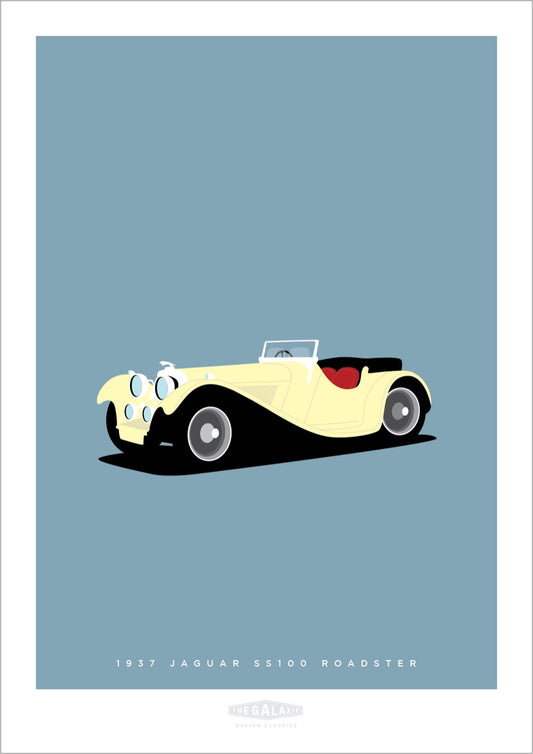 Hand drawn poster of a cream 1937 Jaguar SS Roadster on a blue background.