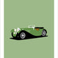 Hand drawn poster of a green 1937 Jaguar SS Roadster on a green background.