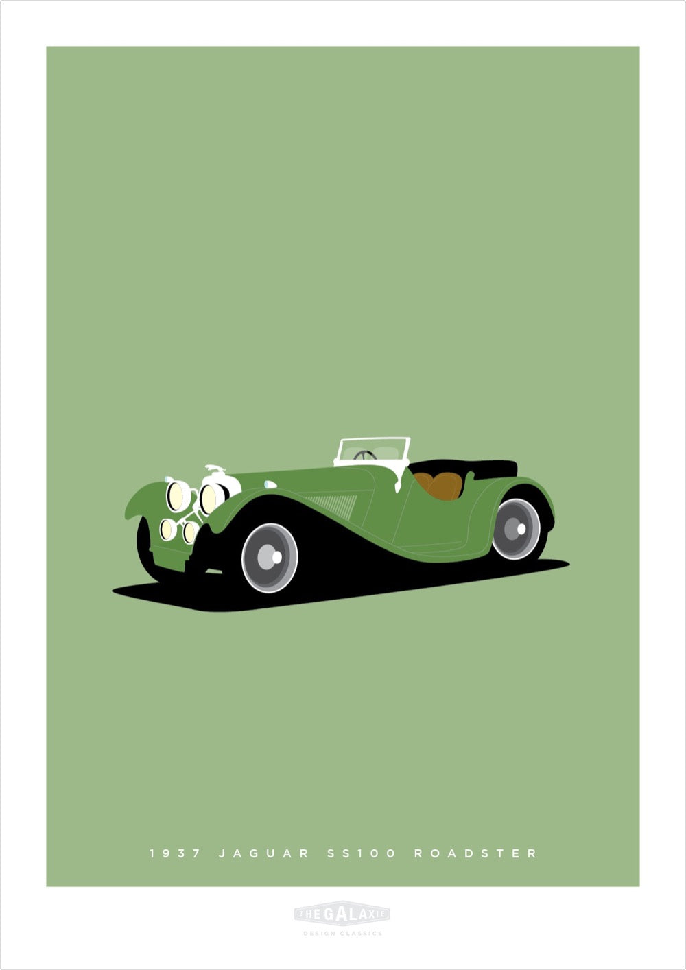 Hand drawn poster of a green 1937 Jaguar SS Roadster on a green background.