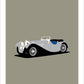 Hand drawn poster of a silver 1937 Jaguar SS Roadster on a grey background.