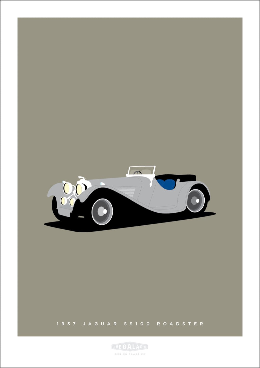 Hand drawn poster of a silver 1937 Jaguar SS Roadster on a grey background.