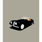 Hand drawn poster of a black 1954 Jaguar XK 140 Roadster on a grey background.