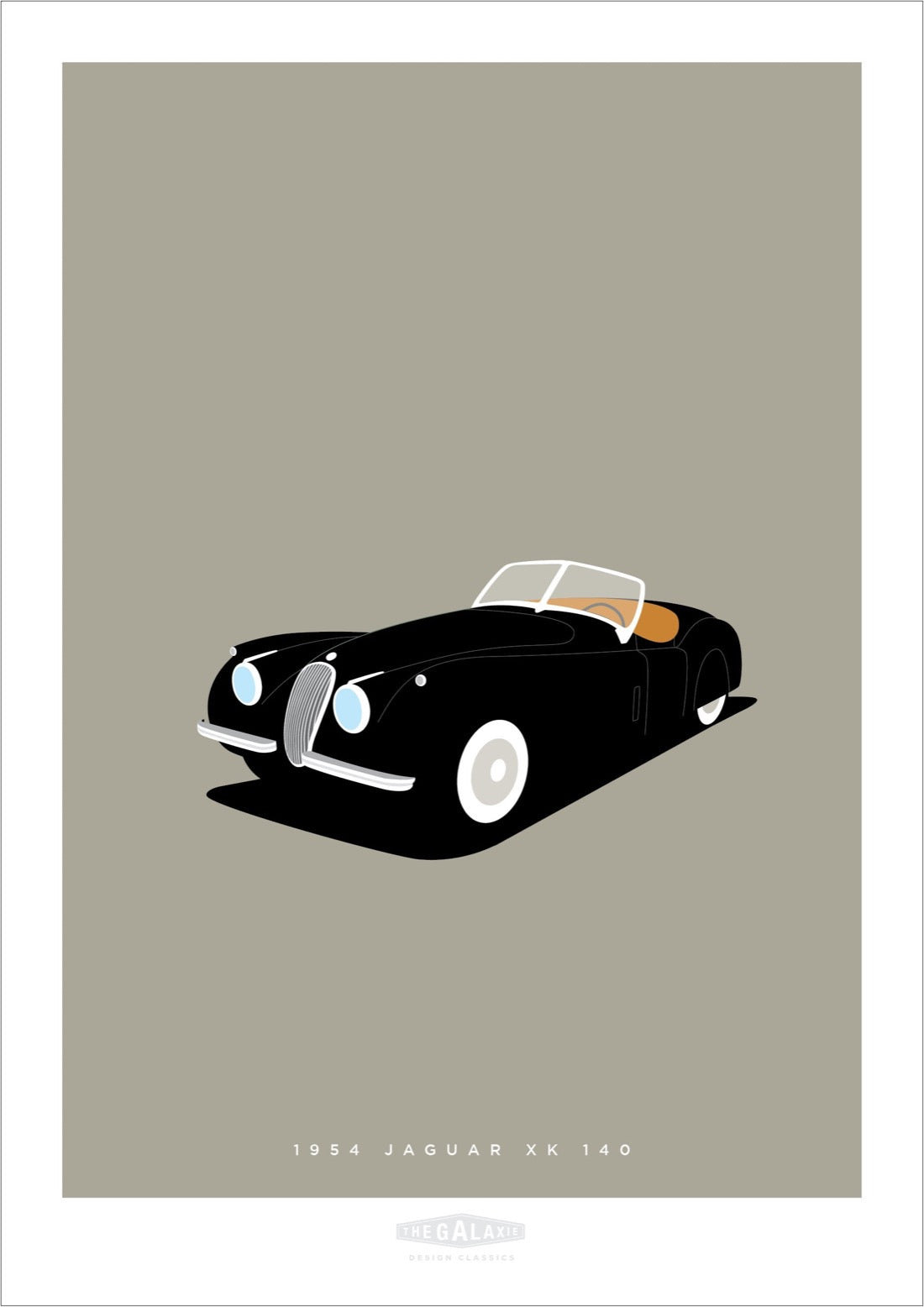 Hand drawn poster of a black 1954 Jaguar XK 140 Roadster on a grey background.