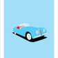 Hand drawn poster of a blue 1954 Jaguar XK 140 Roadster on a blue background.