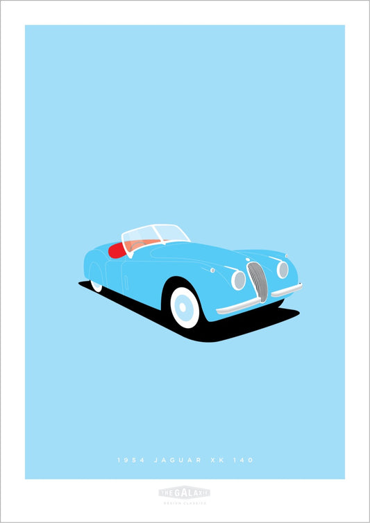 Hand drawn poster of a blue 1954 Jaguar XK 140 Roadster on a blue background.