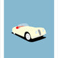 Hand drawn poster of a cream 1954 Jaguar XK 140 Roadster on a blue background.