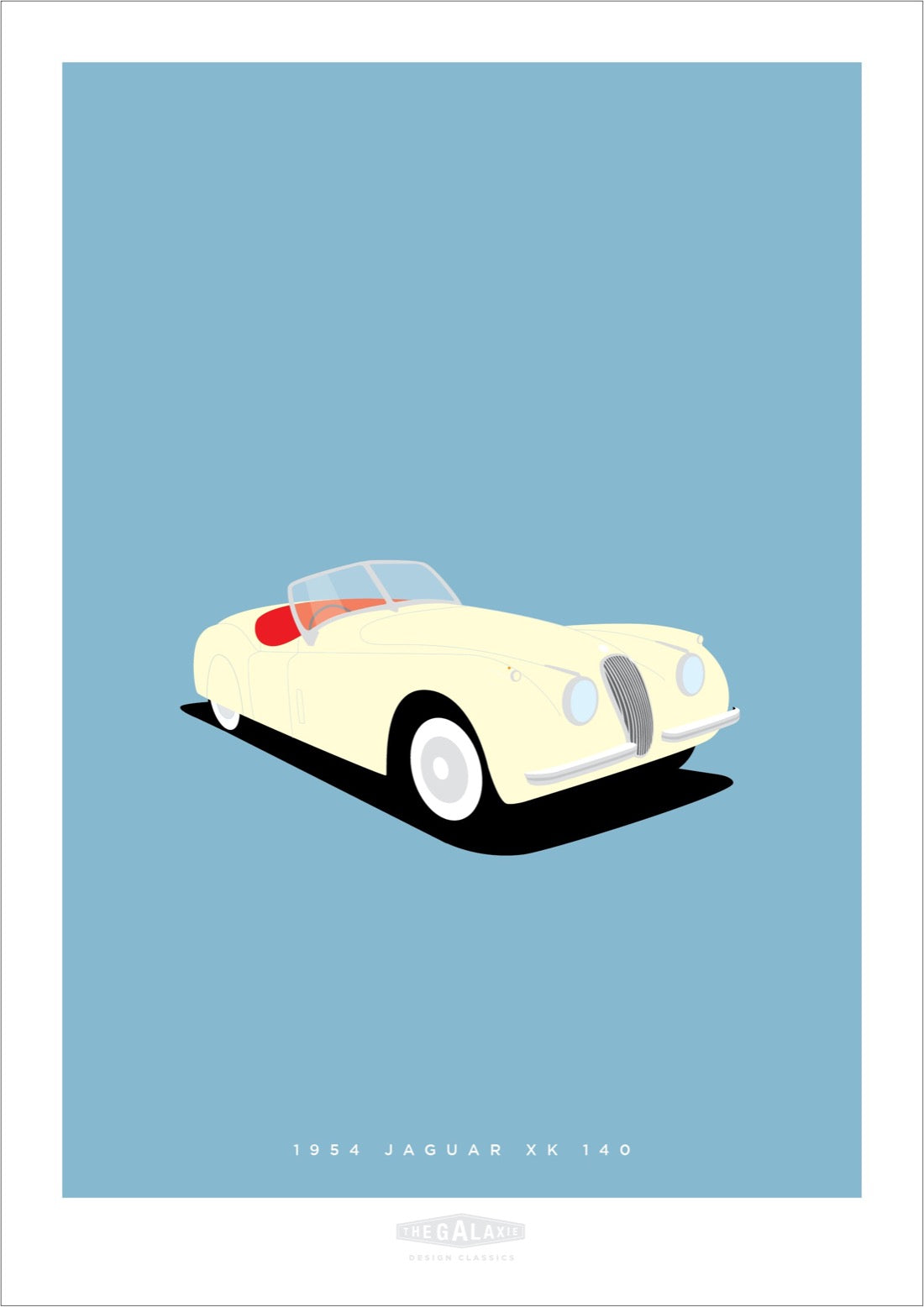 Hand drawn poster of a cream 1954 Jaguar XK 140 Roadster on a blue background.