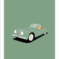 Hand drawn poster of a green 1954 Jaguar XK 140 Roadster on a green background.