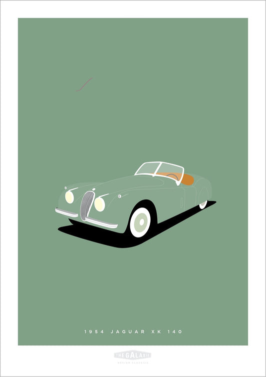 Hand drawn poster of a green 1954 Jaguar XK 140 Roadster on a green background.