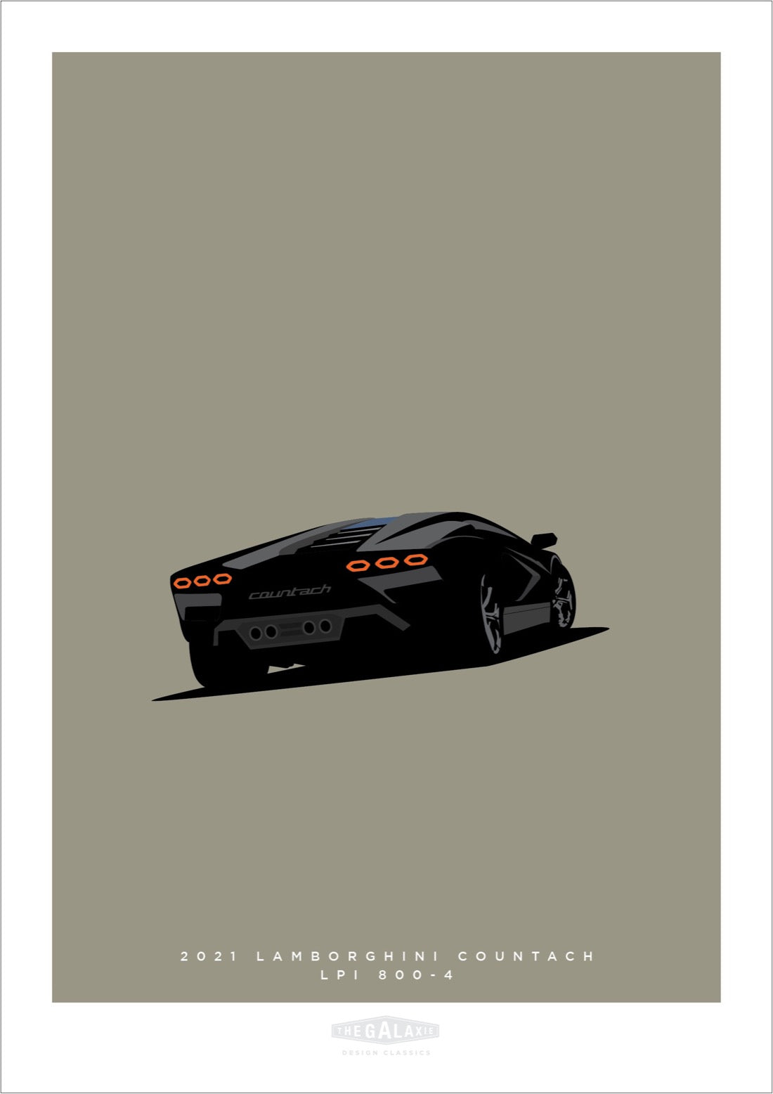 Hand drawn poster of a black 2021 Lamborghini Countach LPI 800-4 on a grey background.